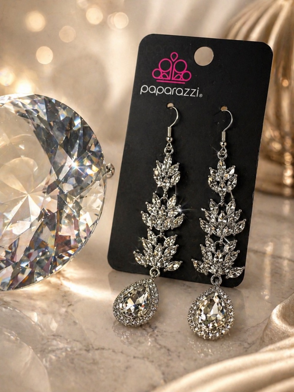 paparazzi Silver Crystal Leaf & Teardrop Dangle Earrings